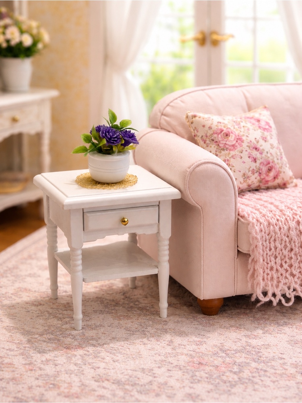 Dollhouse White Side Table w/ Flower Pot Miniature Furniture Mini End Table 1:12